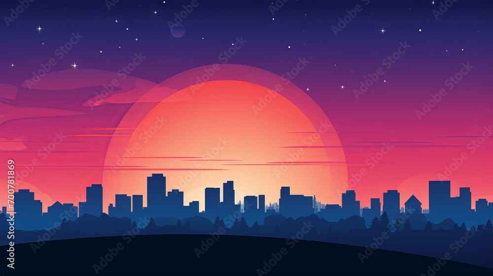 City Skyline Silhouette Against Colorful Sunset Sky with Beautiful Abstract Patterns
