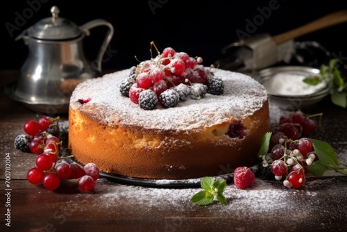 A slice of comfort: A beautifully presented Herman cake, served with a garnish of fresh berries and a sprinkle of powdered sugar