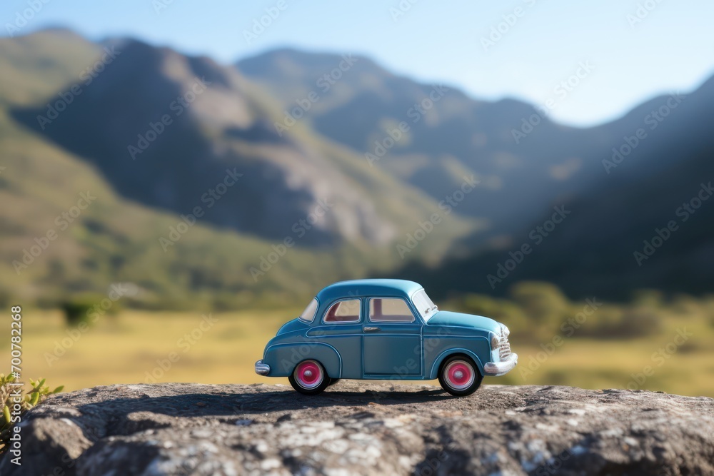 Blue toy model of retro car. Generative AI