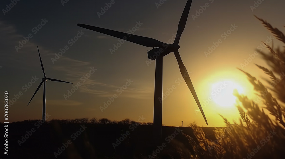 Onshore wind turbines. Black silhoutte of a wind turbine, backlit. Renewables. Onshore wind turbines. Black silhoutte of a wind turbine, backlit. Renewables.