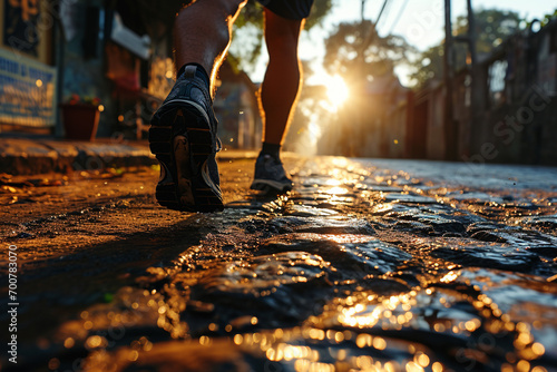 Low side view on man running in morning in summer, sunlight