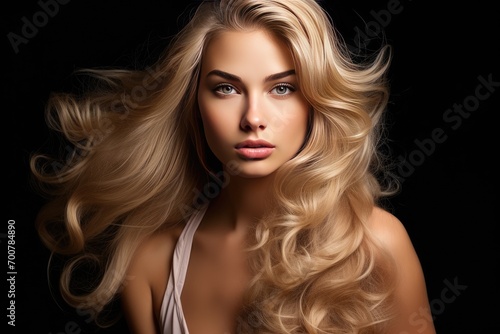 Blonde woman with curly beautiful hair smiling on dark background.