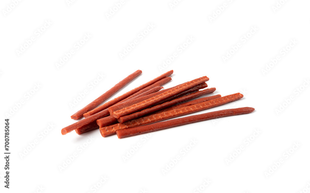 Fish Jerky Isolated, Dry Salted Seafood Snack, Hake Stockfish, Small Pieces of Dehydrated Pollock Fish Jerky Isolated, Dry Salted Seafood Snack, Hake Stockfish, Small Pieces of Dehydrated Pollock