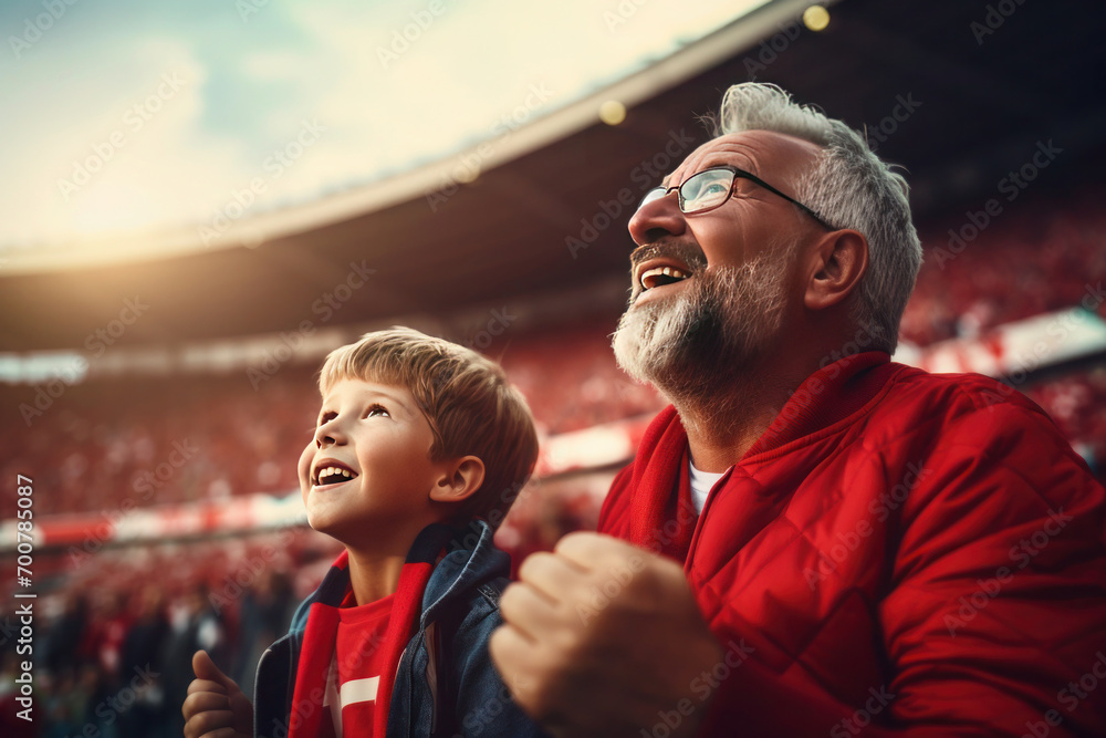 Grandfather and grandson at an outdoor football stadium among other fans watching the game - obrazy, fototapety, plakaty 