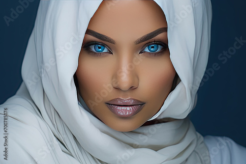 Striking portrait of a woman with vivid blue eyes and white headscarf