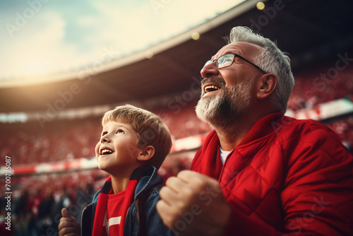 Grandfather and grandson at an outdoor football stadium among other fans watching the game photo
