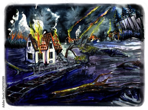 Fiery attack at night  destroyed and burning houses  cataclysm. Illustration on the theme of war and apocalypse. Watercolor illustration.
