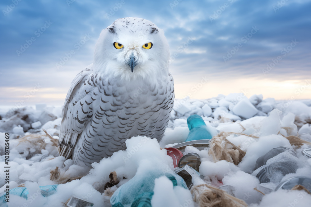 A polar owl perched near an Arctic landfill, a poignant image highlighting the environmental threat of waste pollution in the pristine North. A polar owl perched near an Arctic landfill, a poignant image highlighting the environmental threat of waste pollution in the pristine North.
