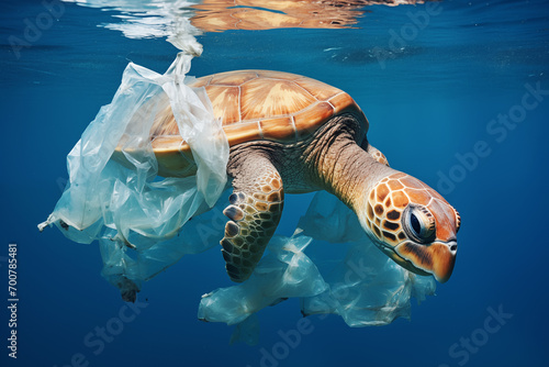 A sea turtle navigating through underwater plastic pollution, highlighting the urgent issue of ocean contamination and its impact on marine life. © EdNurg