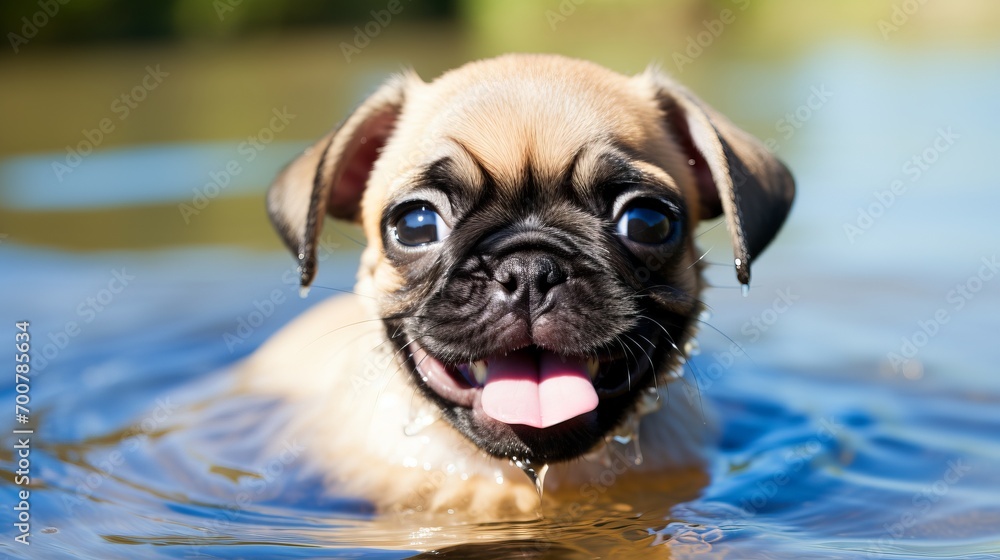 Cheerful pug with an infectious smile enjoying a refreshing bath in an adorable bathtub
