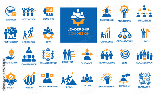 Leadership related Icon set design. ORGANIZATION, STRATEGY, MOTIVATION, EMPOWERMENT, TRUST, COACHING, GOAL, CONFIDENCE, CONFIDENCE, CHALLENGE, LEAD,TEAM BUILDING etc icon set vector design. photo