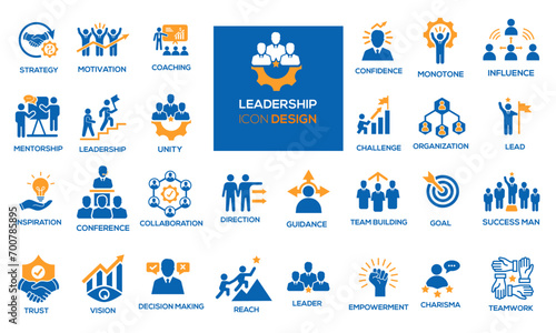 Leadership related Icon set design. ORGANIZATION, STRATEGY, MOTIVATION, EMPOWERMENT, TRUST, COACHING, GOAL, CONFIDENCE, CONFIDENCE, CHALLENGE, LEAD,TEAM BUILDING etc icon set vector design.