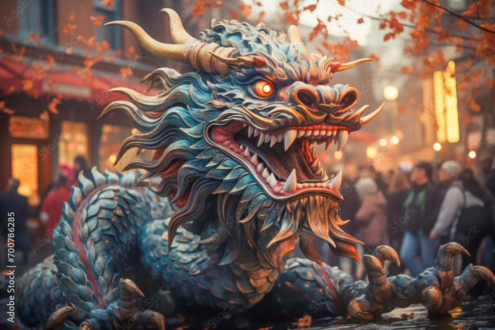 Fototapeta premium Dynamic Dragon Dance in Festive Atmosphere