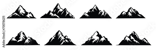 Black mountain icon collection. Set of black mountain logo. Adventure, camping, hiking logo collection