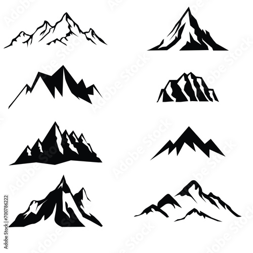 Mountain peak silhouettes. Black hills, top rocks. Mountains symbols, extreme sport hiking climbing travel or adventures. Isolated geology landscape elements set