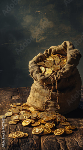 a bag containing bunch of gold coins on the background