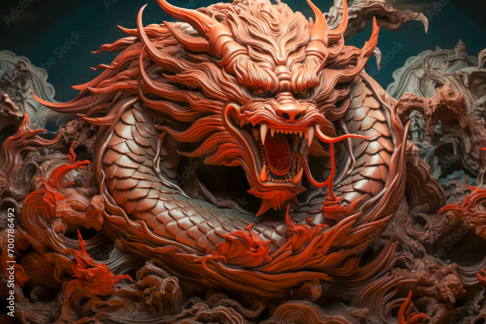 Obraz premium Fierce Orange Dragon Sculpture in Vivid Detail