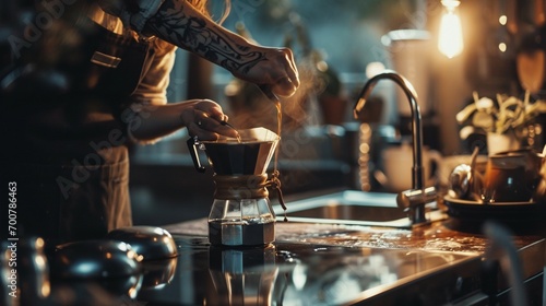A woman's hands, with a subtle tattoo, filling a moka pot, set on a chic, glass kitchen table. The contemporary lighting is crisp and clean, focusing on the action and the coffee's texture. photo
