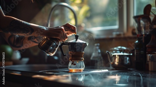 A woman's hands, with a subtle tattoo, filling a moka pot, set on a chic, glass kitchen table. The contemporary lighting is crisp and clean, focusing on the action and the coffee's texture.
