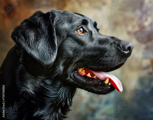 Black Labrador retriever smiling with tongue out looking. 