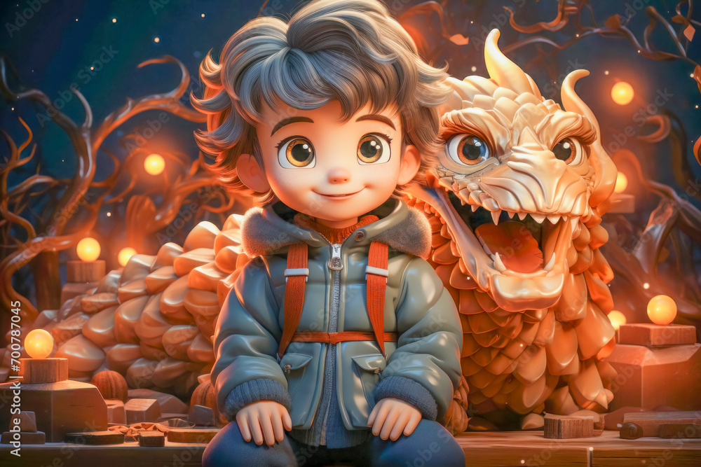 Fototapeta premium Joyful Child with Dragon Celebrating Chinese New Year