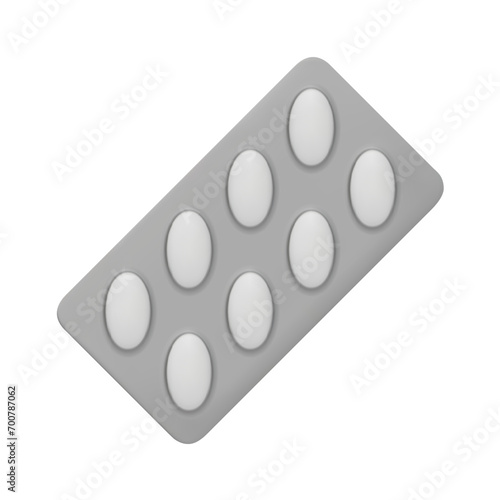 3D vector medical drugs, tabs in package, silver blister pills. Oval medicament painkillers, tablets, antibiotics, active additives. Healthcare medicines. Vector illustration isolated on white.