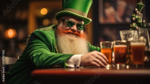 A man with a beard and green hat sitting at a bar. St. Patrick. Generative AI.