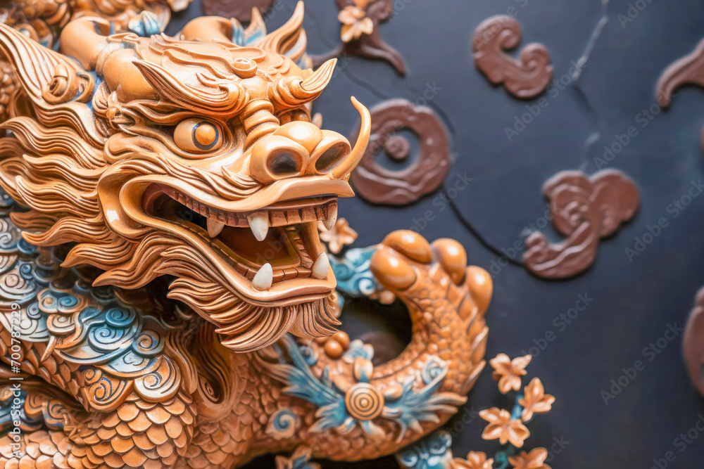 Fototapeta premium Chinese New Year Greeting Card with Golden Dragon and Florals