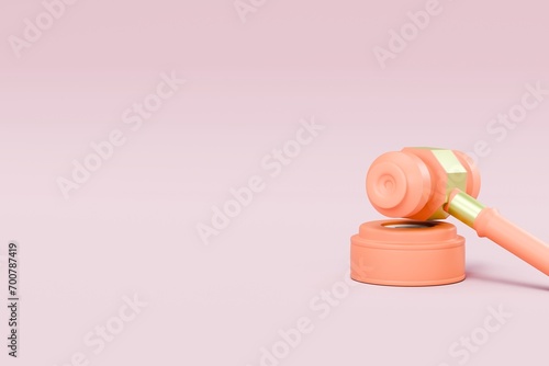 3D Minimal brown, orange gavel icon isolated on pink pastel background. Judges arbitrate courthouse concept. judgement Hammer. minimal cartoon.3D Rendering. Banner, a place for text, copy space. photo
