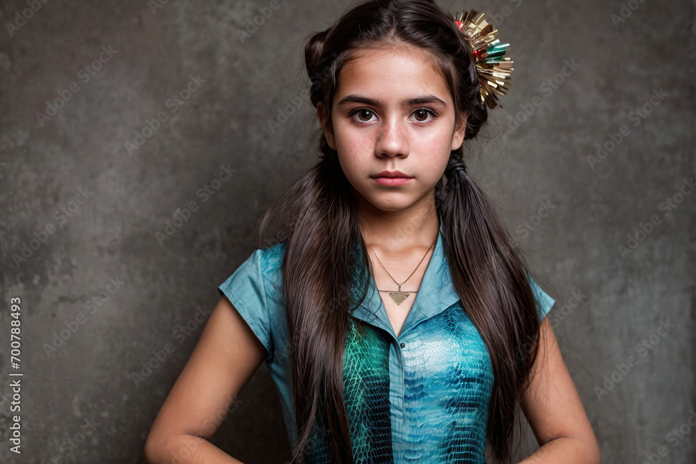 The image features a woman with long black hair wearing a necklace and a headpiece. She is posing for a photo shoot indoors. The image features a woman with long black hair wearing a necklace and a headpiece. She is posing for a photo shoot indoors.