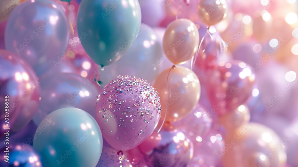 A magical array of balloons in pastel unicorn colors, each balloon appearing to shimmer and sparkle in the light