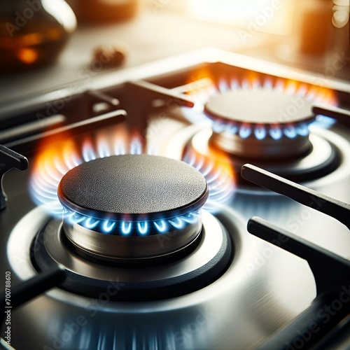 two burning gas burners on a kitchen gas stove

 photo