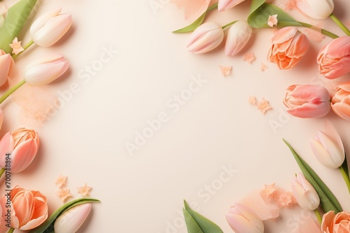 Beautiful tulips on pastel background. Concept Women's Day, March 8. 8th march. Flat lay, top view, copy space