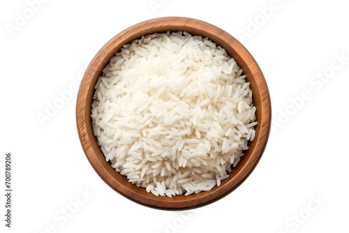 Top view white rice in wooden bowl PNG photo