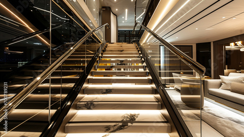An elegant Neon staircase in contrasting dark ebony and light maple woods, with transparent glass balustrades and soft LED lighting, creating a luxurious ambiance.