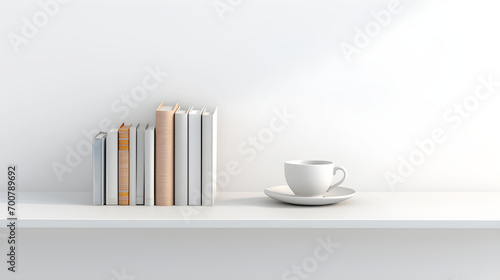neat row of books standing upright on a white shelf, with a white coffee cup and saucer placed to their right photo