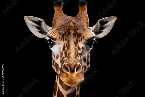 Plakat Giraffe close-up portrait on a black background.