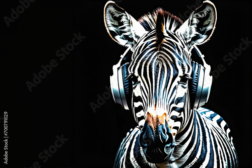 Zebra in headphones isolated on black background. Listen to music. Cover for design of music releases  albums and advertising. Music lover background. DJ concept.