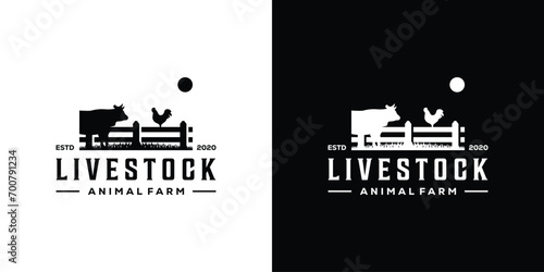 Vintage Livestock Logo. Cow, Chicken, Rooster, Cattle Animal Farm Logo Icon Symbol Vector Design Template.
