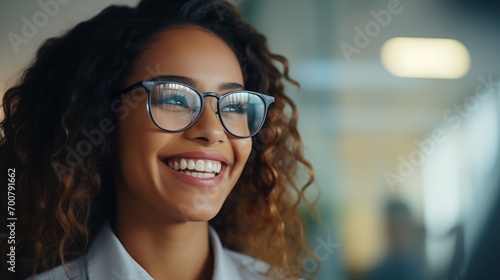 Close up successful cheerful smiling young business lady wearing reading glasses in the office