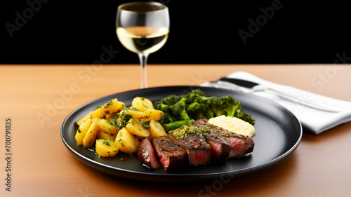 plate of steak with herbs on top, accompanied by potatoes and broccoli, next to a glass of white wine and cutlery on a wooden table