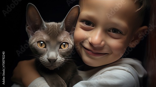 Portrait illustration of a boy and his cute pet interesting cat