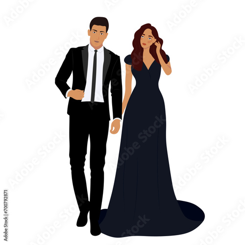 Couple in evening formal wear, man and woman together isolated on white background. Vector flat illustration. Modern stylish young people