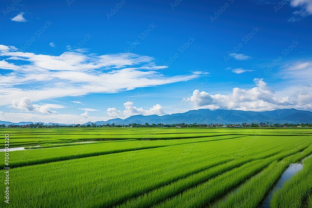 green paddy field and blue sky