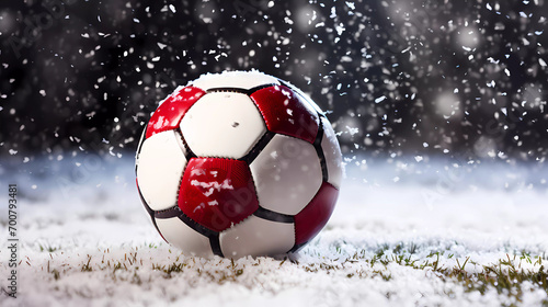 A football with a santa hat on it sitting on a table in the snow with snow falling around it © junaid