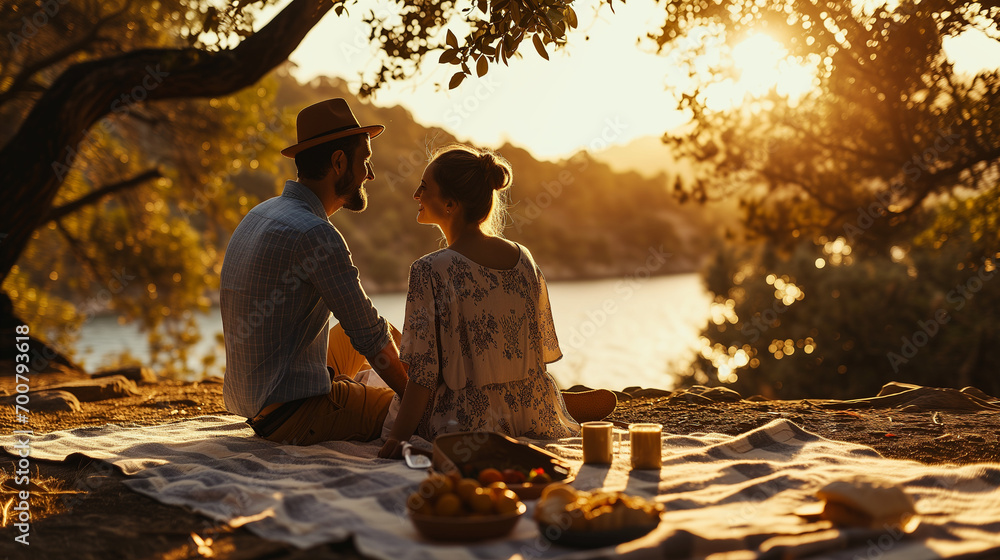 Couple picnicking with homemade food with a scenic backdrop