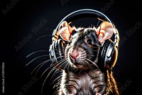 Mouse with headphones isolated on a black background. Listen to music. Cover for design of music releases, albums and advertising. Music lover background. DJ concept.