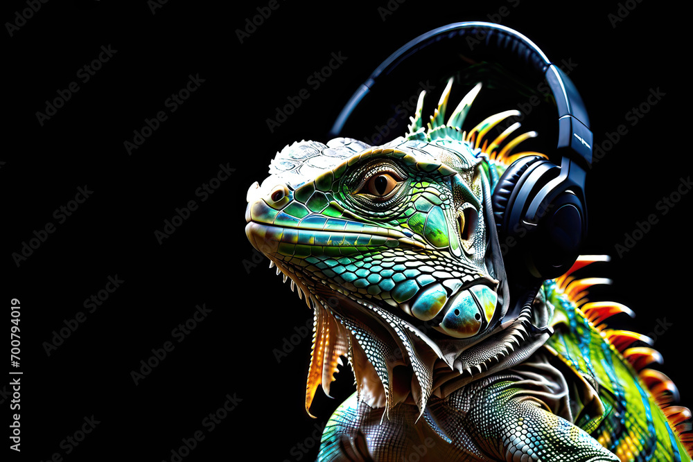 Iguana reptile wearing headphones isolated on black background. Listen to music. Cover for design of music releases, albums and advertising. Music lover background. DJ concept.