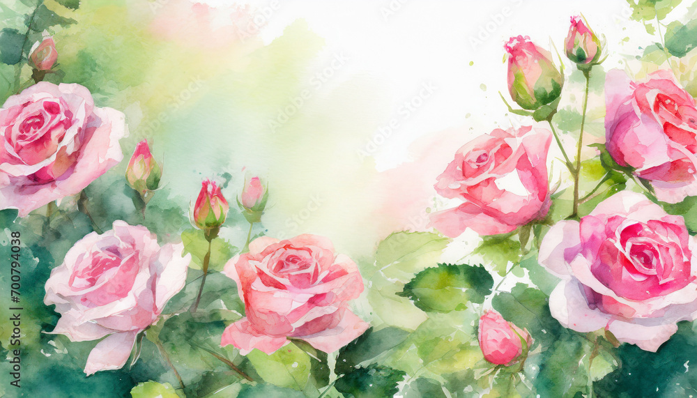 Pink rose flowers in a garden, copy space on a side, watercolor art style Pink rose flowers in a garden, copy space on a side, watercolor art style