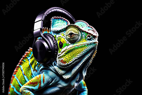 Chameleon reptile wearing headphones isolated on black background. Listen to music. Cover for design of music releases, albums and advertising. Music lover background. DJ concept.